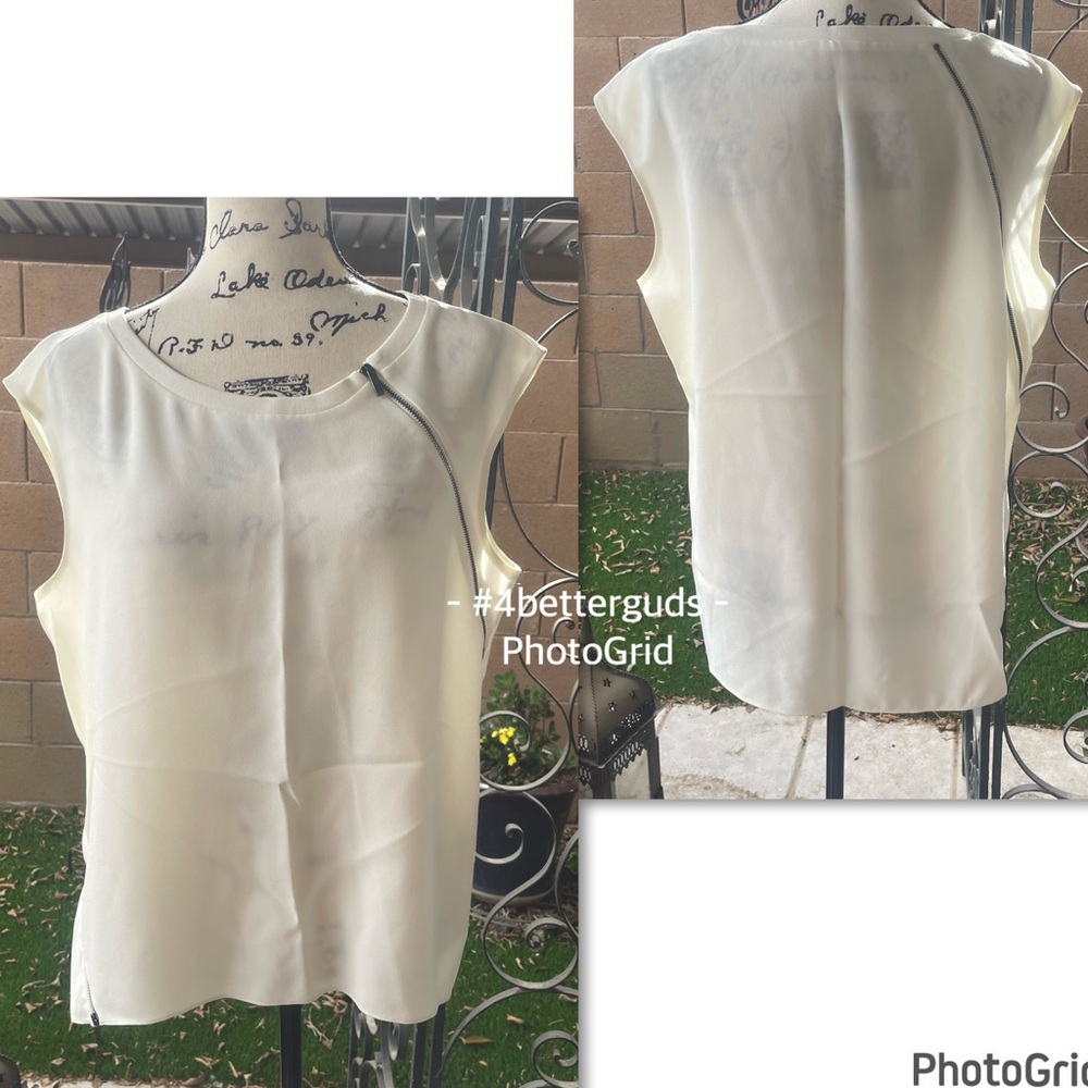 Elie Tahari Art Deco Industrial Vibe Asymmetrical Zippers Sleeveless Shirt Lg
